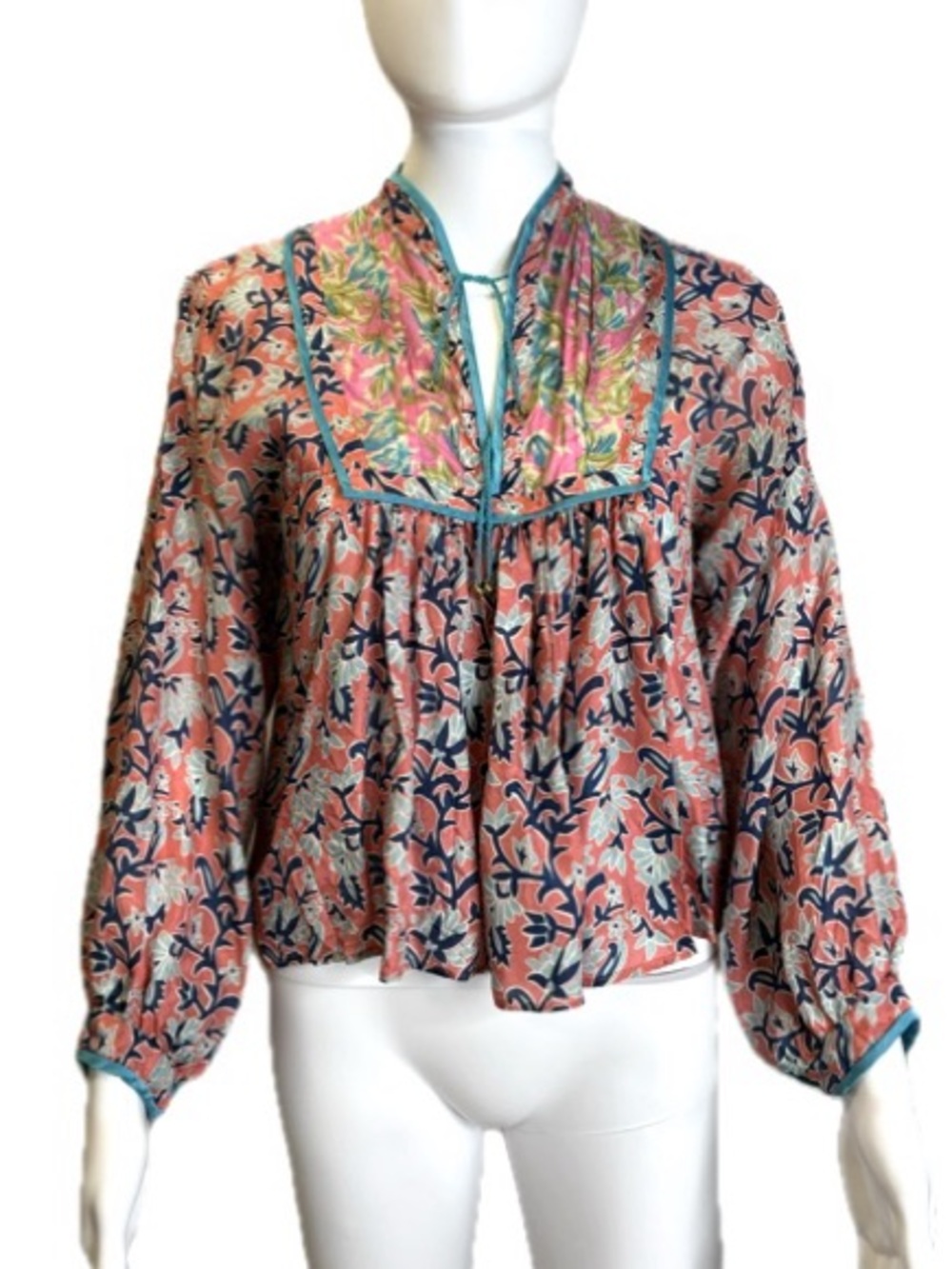 Calypso Silk Floral Vines Mixed Print Long Sleeve Popover Blouse Size M Pink